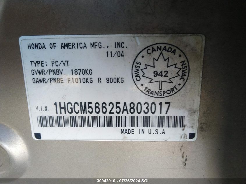 2005 Honda Accord Ex VIN: 1HGCM56625A803017 Lot: 30042010