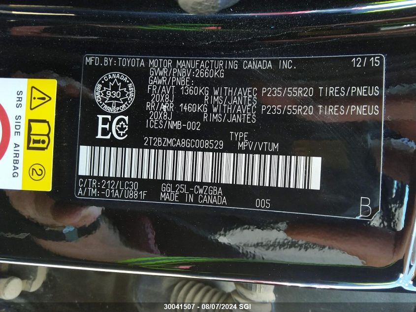 2016 Lexus Rx 350/Base/F Sport VIN: 2T2BZMCA8GC008529 Lot: 30041507