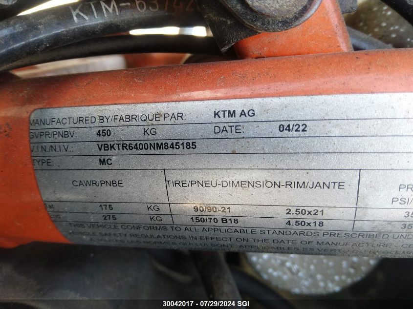 2022 Ktm 890 Adventure R VIN: VBKTR6400NM845185 Lot: 30042017