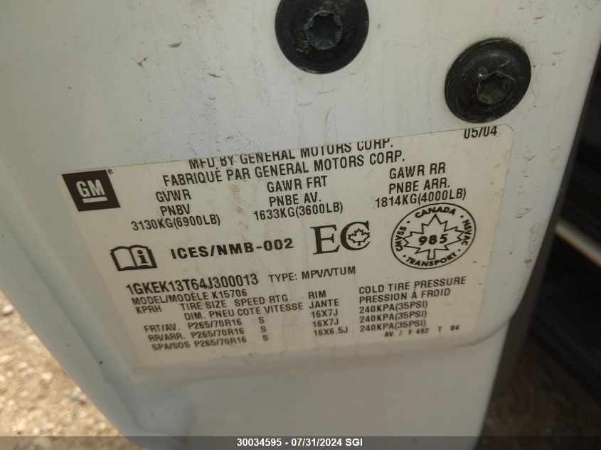 2004 GMC Yukon VIN: 1GKEK13T64J300013 Lot: 30034595