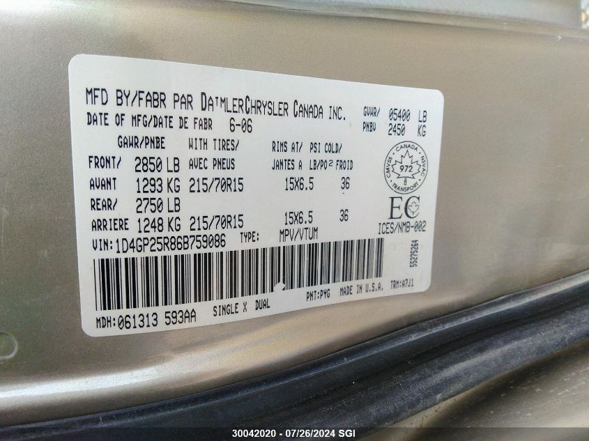 2006 Dodge Caravan Se VIN: 1D4GP25R86B759086 Lot: 30042020