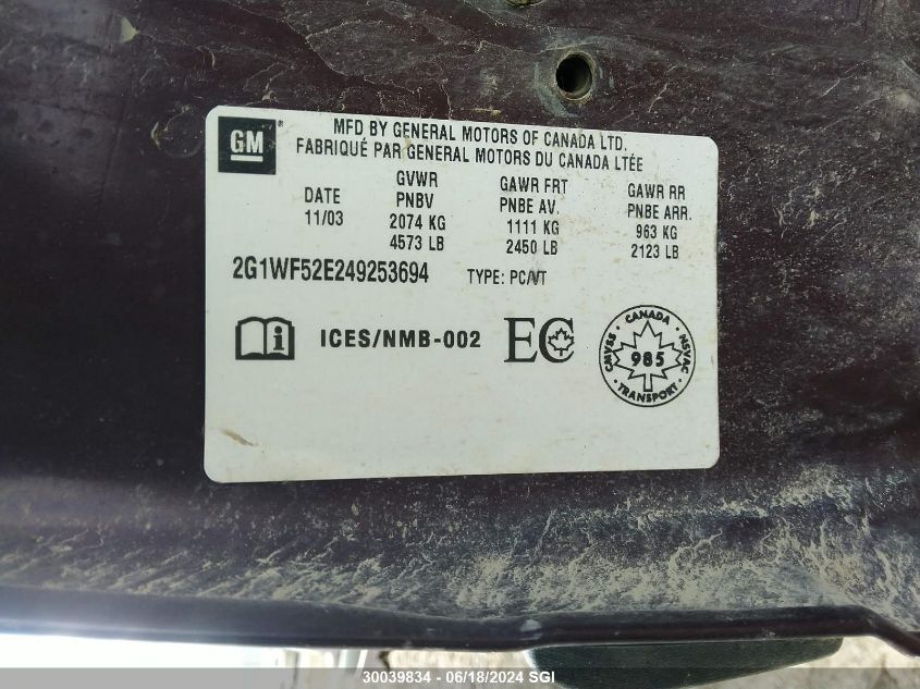 2004 Chevrolet Impala VIN: 2G1WF52E249253694 Lot: 30039834