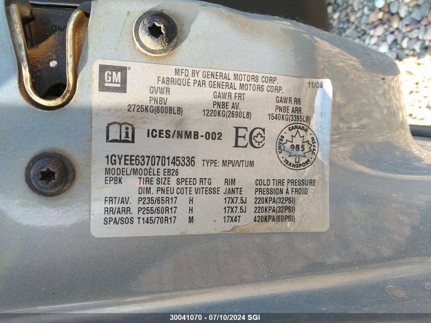 2007 Cadillac Srx VIN: 1GYEE637070145336 Lot: 30041070