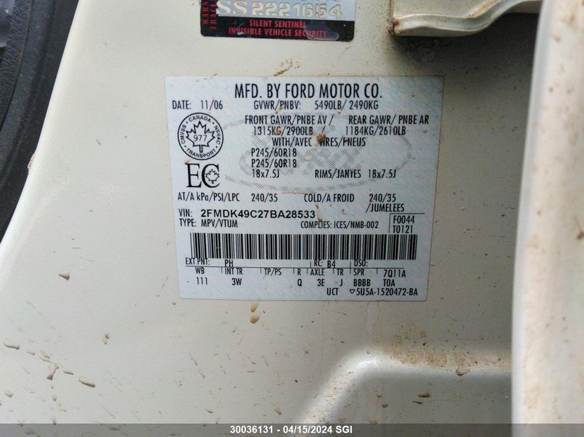 2007 Ford Edge Sel Plus VIN: 2FMDK49C27BA28533 Lot: 30036131