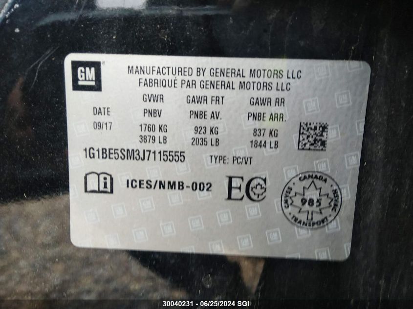 2018 Chevrolet Cruze Lt VIN: 1G1BE5SM3J7115555 Lot: 30040231