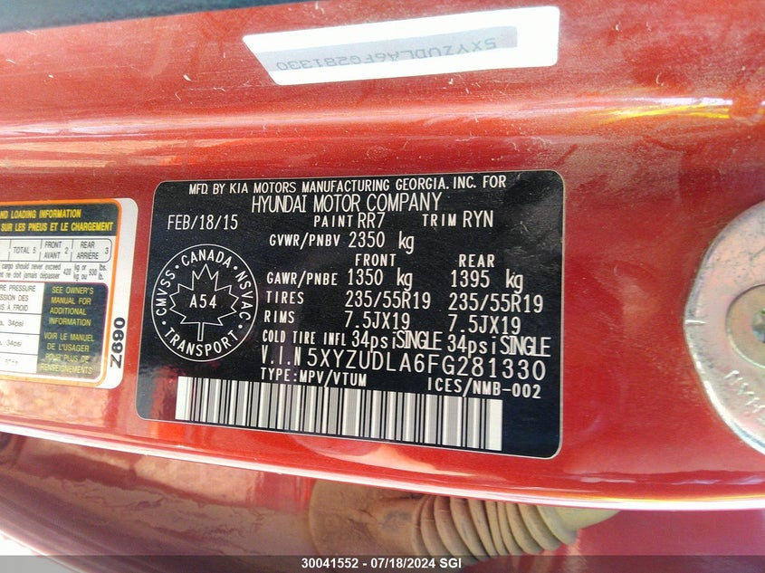 2015 Hyundai Santa Fe Sport VIN: 5XYZUDLA6FG281330 Lot: 30041552