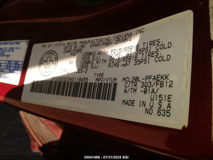 2004 Toyota Sienna Ce/Le VIN: 5TDZA23C84S119455 Lot: 30041468