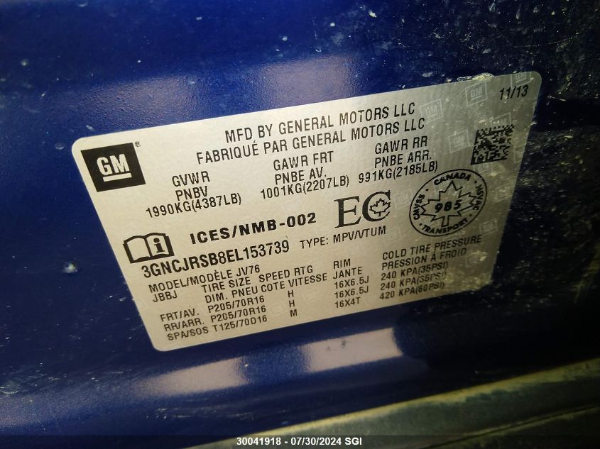 2014 Chevrolet Trax 2Lt VIN: 3GNCJRSB8EL153739 Lot: 30041918