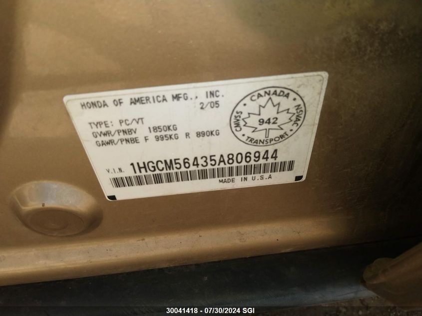 2005 Honda Accord Lx VIN: 1HGCM56435A806944 Lot: 30041418