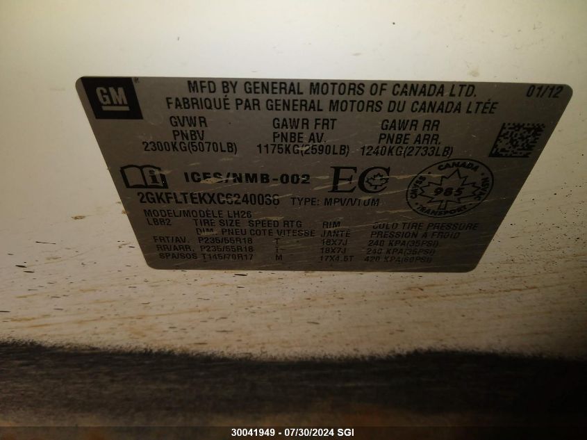 2012 GMC Terrain Sle VIN: 2GKFLTEKXC6240038 Lot: 30041949