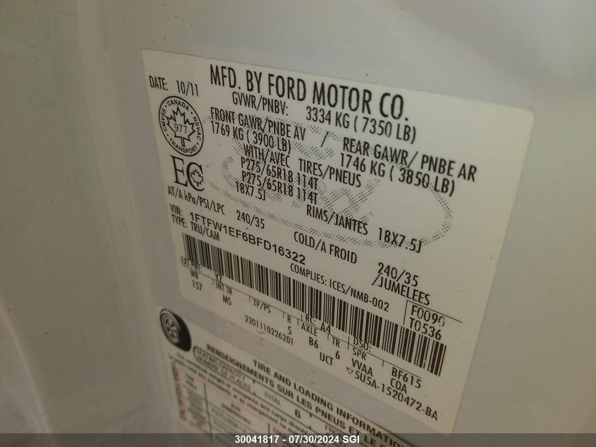 2011 Ford F150 Supercrew VIN: 1FTFW1EF6BFD16322 Lot: 30041817