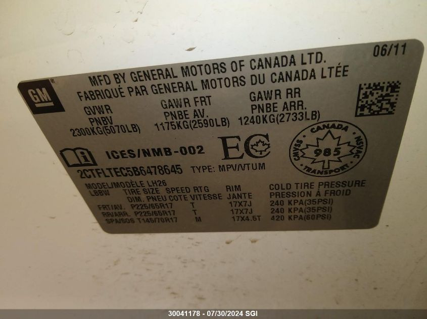 2011 GMC Terrain Sle VIN: 2CTFLTEC5B6478645 Lot: 30041178