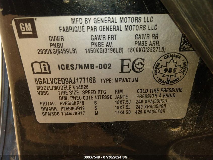 2010 Buick Enclave Cxl VIN: 5GALVCED9AJ177168 Lot: 30037548