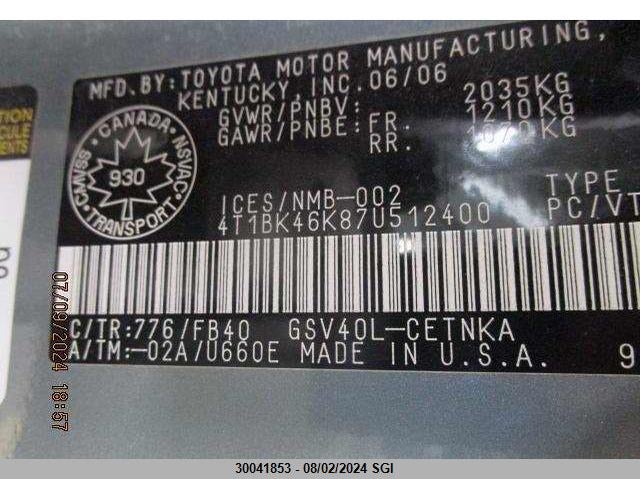 2007 Toyota Camry Le/Xle/Se VIN: 4T1BK46K87U512400 Lot: 30041853