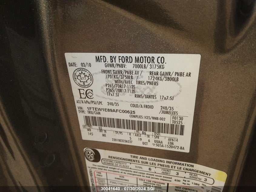 2010 Ford F150 Supercrew VIN: 1FTEW1E89AFC00625 Lot: 30041640