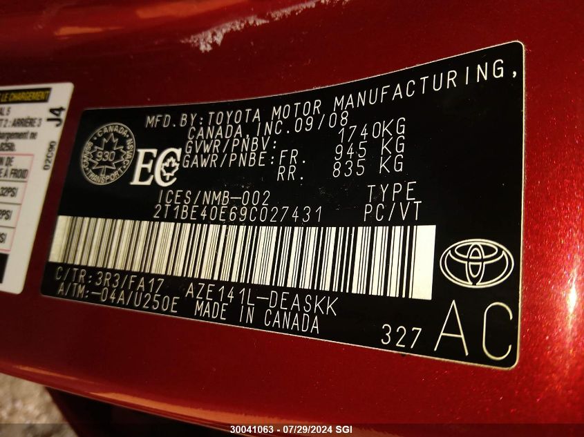 2009 Toyota Corolla Xrs VIN: 2T1BE40E69C027431 Lot: 30041063