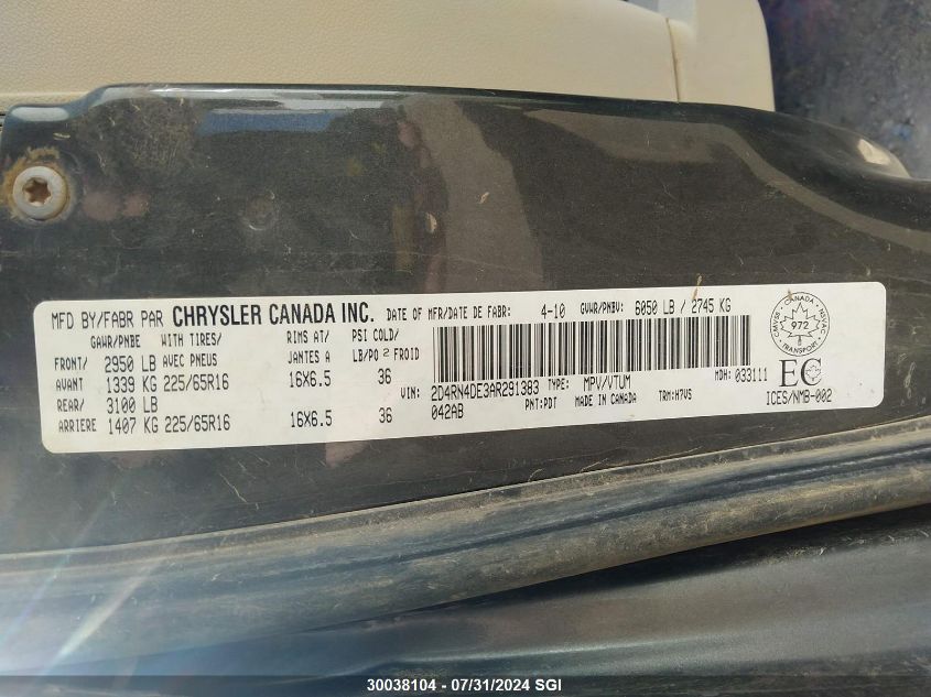 2010 Dodge Grand Caravan Se VIN: 2D4RN4DE3AR291383 Lot: 30038104