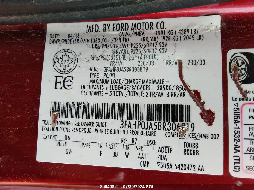 2011 Ford Fusion Sel VIN: 3FAHP0JA5BR306819 Lot: 30040821