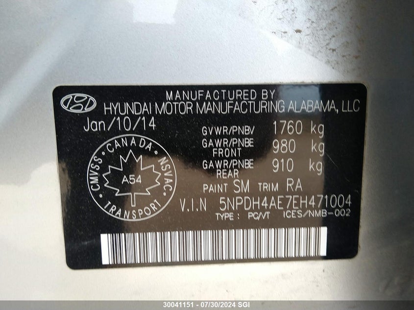 2014 Hyundai Elantra Se/Sport/Limited VIN: 5NPDH4AE7EH471004 Lot: 30041151