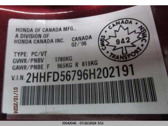 2006 Acura Csx Premium VIN: 2HHFD56796H202191 Lot: 30042046