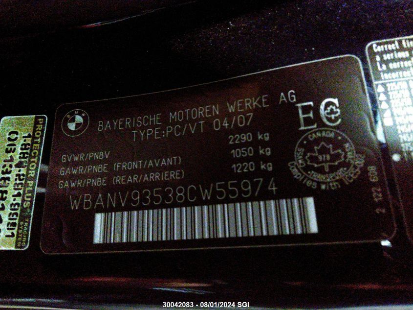 2008 BMW 535 Xi VIN: WBANV93538CW55974 Lot: 30042083