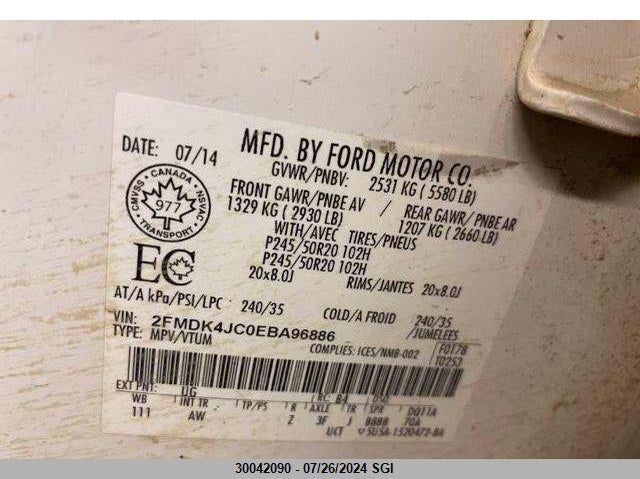 2014 Ford Edge Sel VIN: 2FMDK4JC0EBA96886 Lot: 30042090