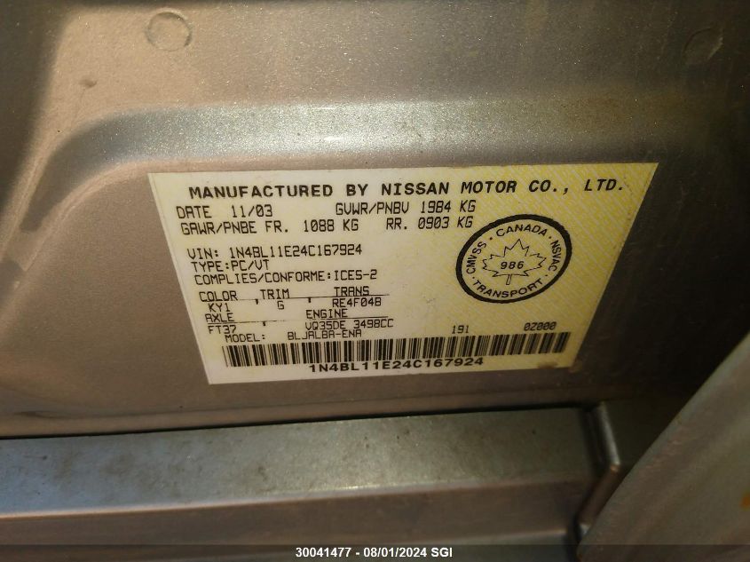 2004 Nissan Altima Se VIN: 1N4BL11E24C167924 Lot: 30041477
