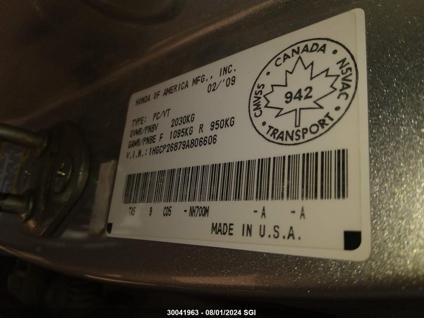 2009 Honda Accord Exl VIN: 1HGCP26879A806606 Lot: 30041963