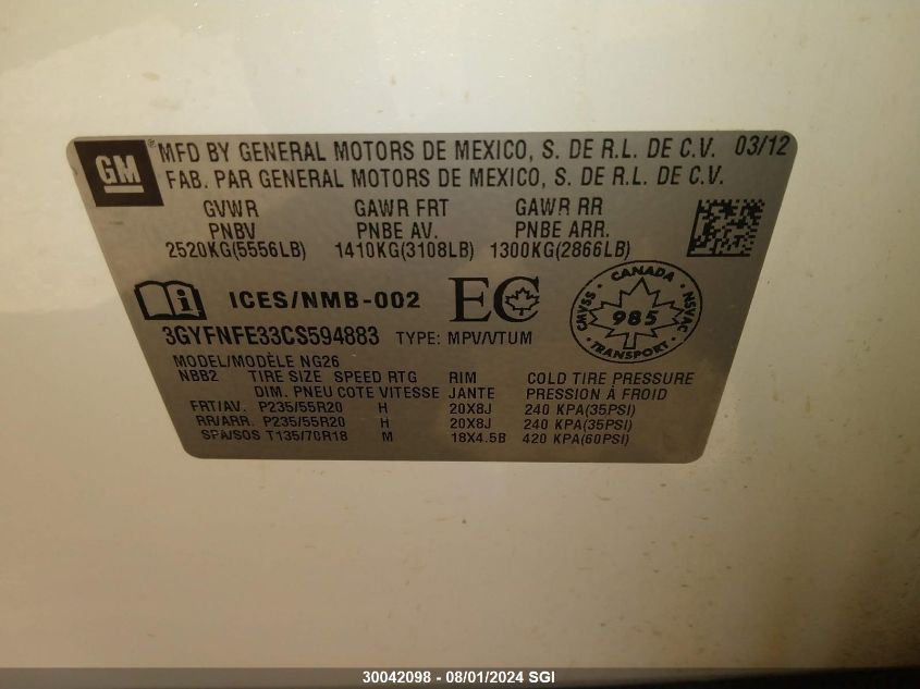 2012 Cadillac Srx Premium Collection VIN: 3GYFNFE33CS594883 Lot: 30042098