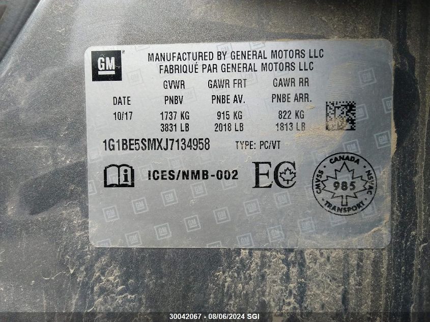 2018 Chevrolet Cruze Lt VIN: 1G1BE5SMXJ7134958 Lot: 30042067