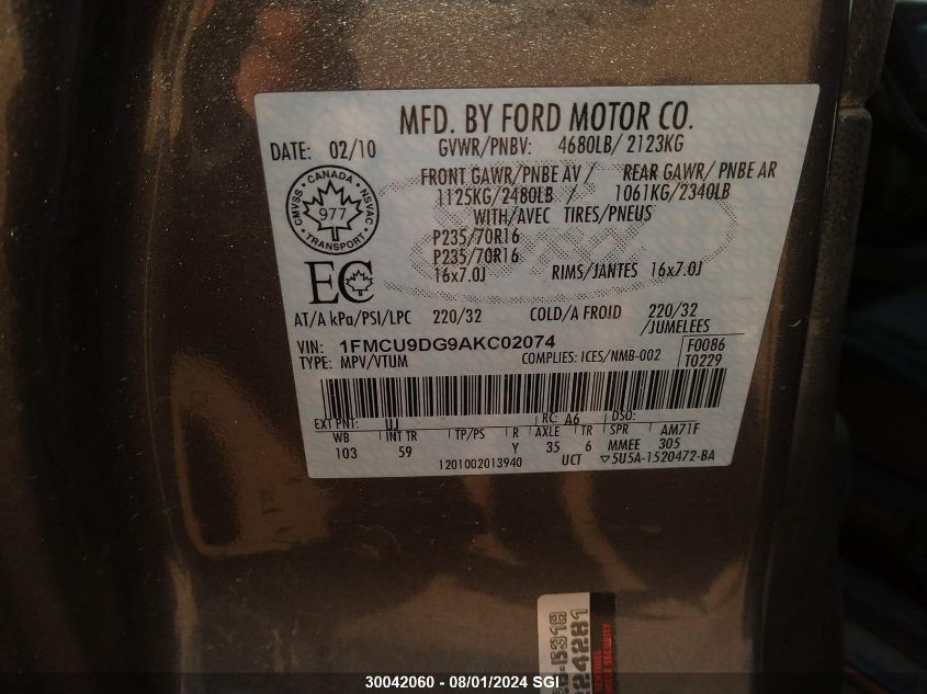 2010 Ford Escape Xlt VIN: 1FMCU9DG9AKC02074 Lot: 30042060