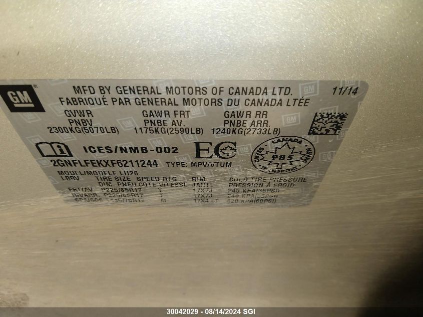 2015 Chevrolet Equinox Lt VIN: 2GNFLFEKXF6211244 Lot: 30042029