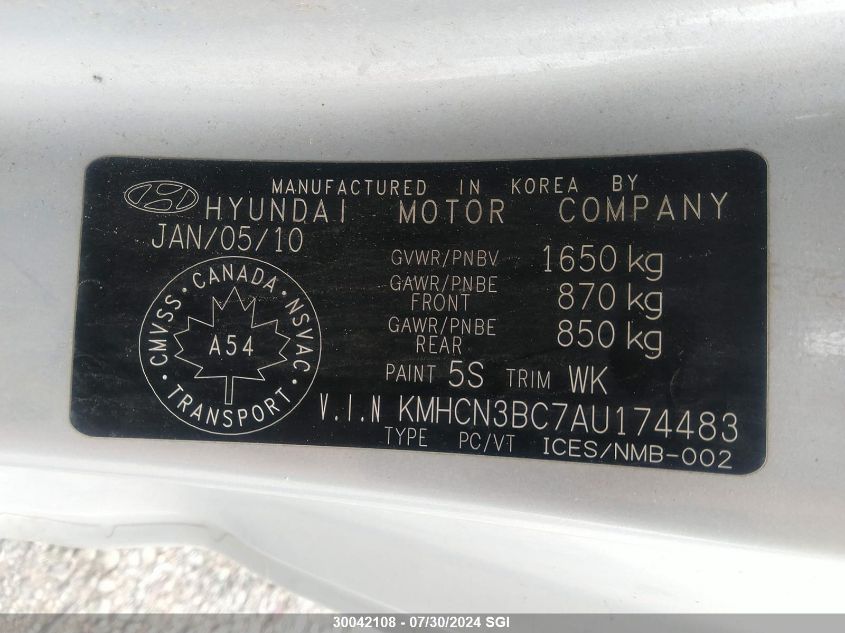 2010 Hyundai Accent Se VIN: KMHCN3BC7AU174483 Lot: 30042108