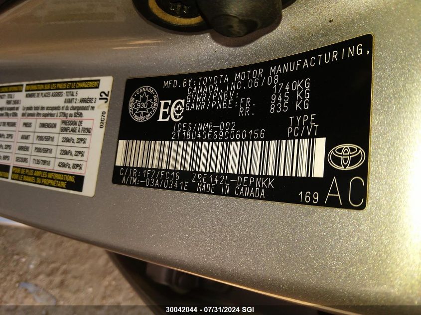 2009 Toyota Corolla S/Le/Xle VIN: 2T1BU40E69C060156 Lot: 30042044