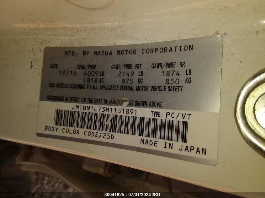 2017 Mazda 3 Touring VIN: JM1BN1L73H1131891 Lot: 30041625