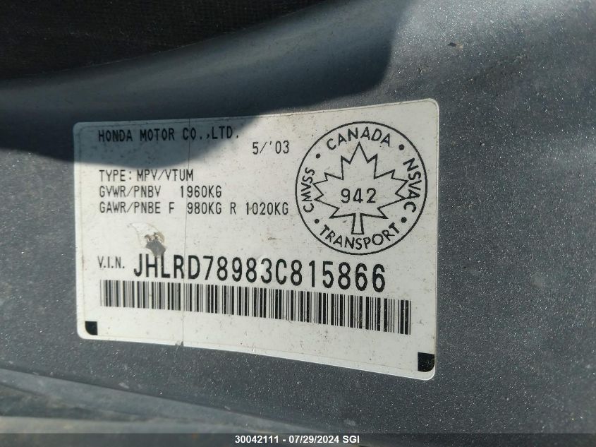 2003 Honda Cr-V Ex VIN: JHLRD78983C815866 Lot: 30042111