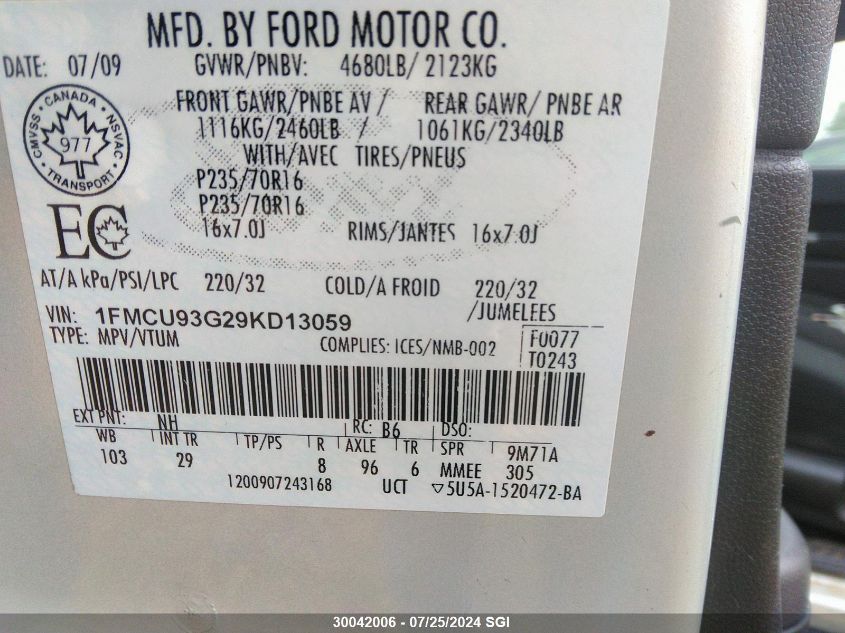 2009 Ford Escape Xlt VIN: 1FMCU93G29KD13059 Lot: 30042006