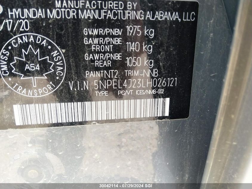 2020 Hyundai Sonata Sel VIN: 5NPEL4J23LH026121 Lot: 30042114