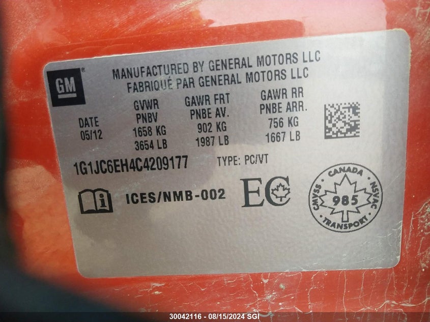 2012 Chevrolet Sonic Lt VIN: 1G1JC6EH4C4209177 Lot: 30042116