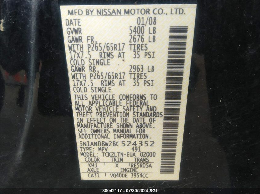 2008 Nissan Xterra Off Road/S/Se VIN: 5N1AN08W28C524352 Lot: 30042117