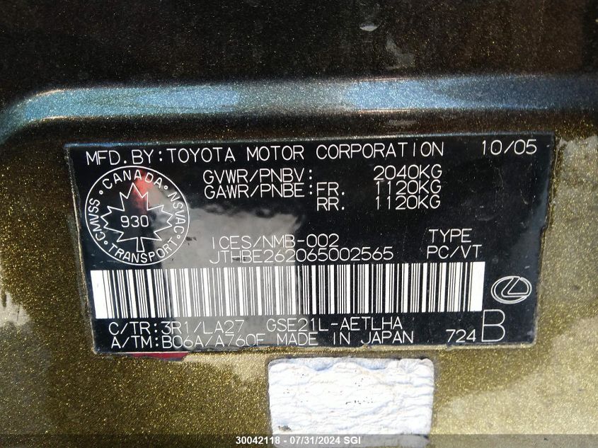 2006 Lexus Is 350 VIN: JTHBE262065002565 Lot: 30042118