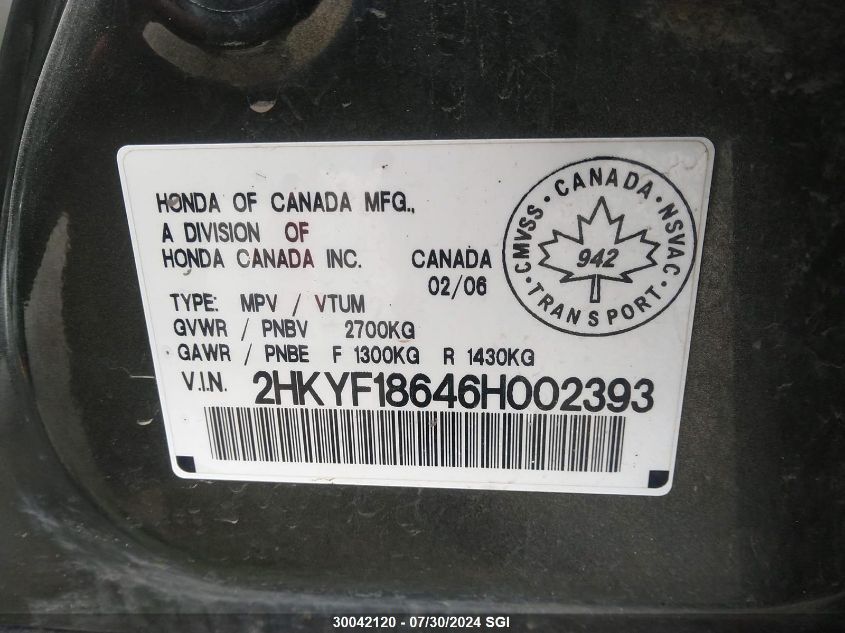 2006 Honda Pilot Ex VIN: 2HKYF18646H002393 Lot: 30042120