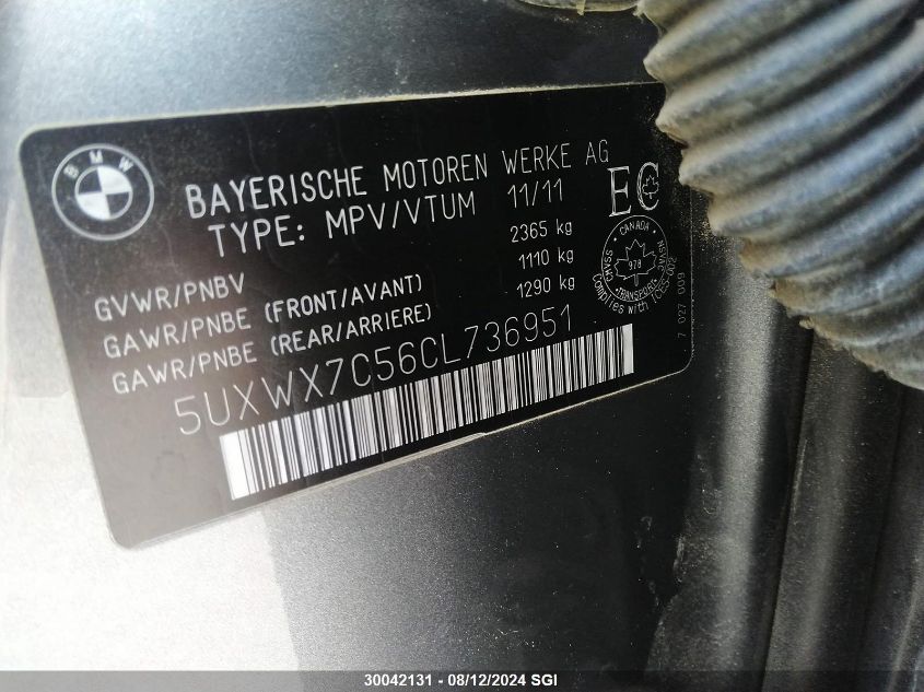 2012 BMW X3 xDrive35I VIN: 5UXWX7C56CL736951 Lot: 30042131