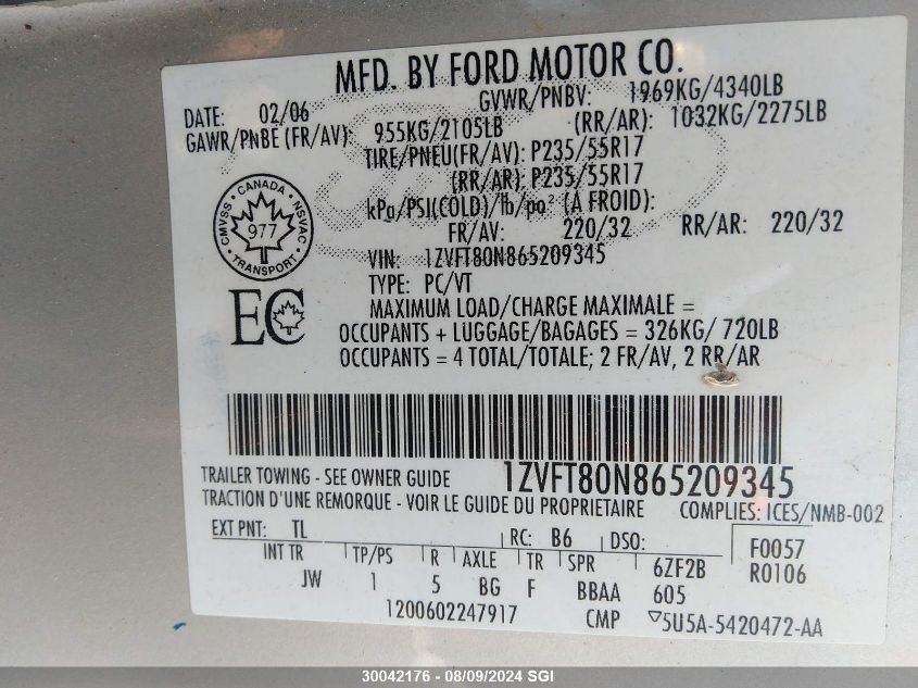 2006 Ford Mustang VIN: 1ZVFT80N865209345 Lot: 30042176