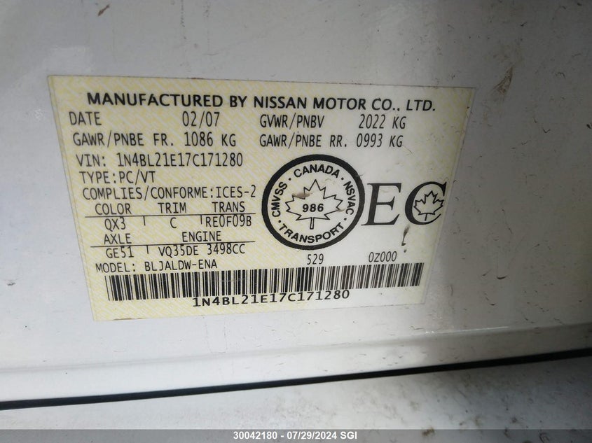 2007 Nissan Altima 3.5Se/3.5Sl VIN: 1N4BL21E17C171280 Lot: 30042180