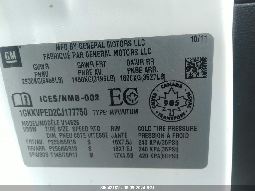 2012 GMC Acadia Sle VIN: 1GKKVPED2CJ177750 Lot: 30042182