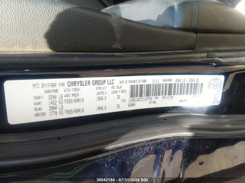 2012 Dodge Durango Sxt VIN: 1C4RDJAG7CC197703 Lot: 30042184