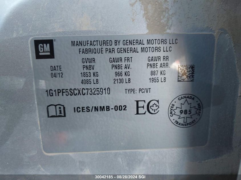 2012 Chevrolet Cruze Lt VIN: 1G1PF5SCXC7325910 Lot: 30042185