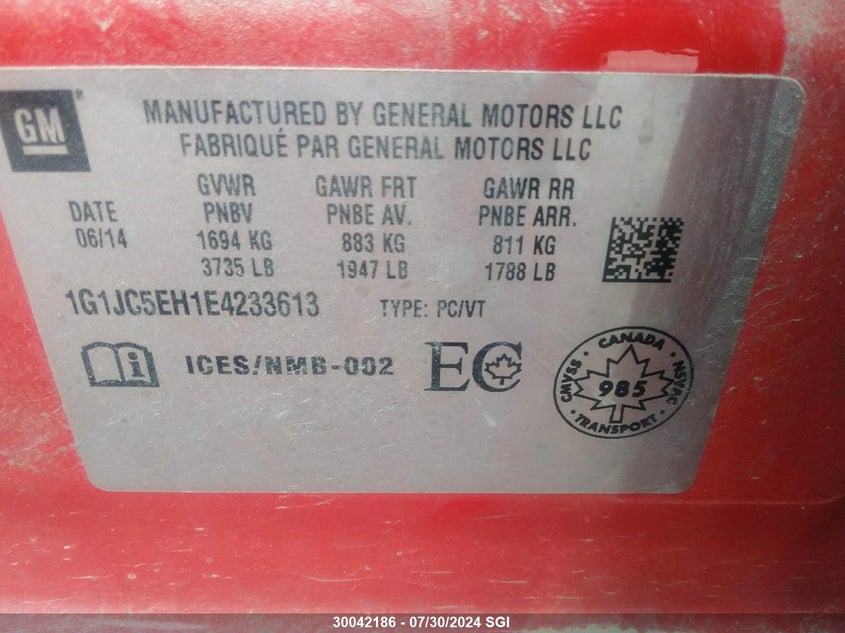 2014 Chevrolet Sonic Lt VIN: 1G1JC5EH1E4233613 Lot: 30042186