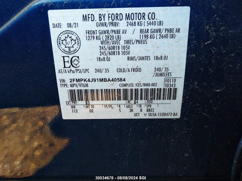 2021 Ford Edge Sel VIN: 2FMPK4J91MBA40584 Lot: 30034678
